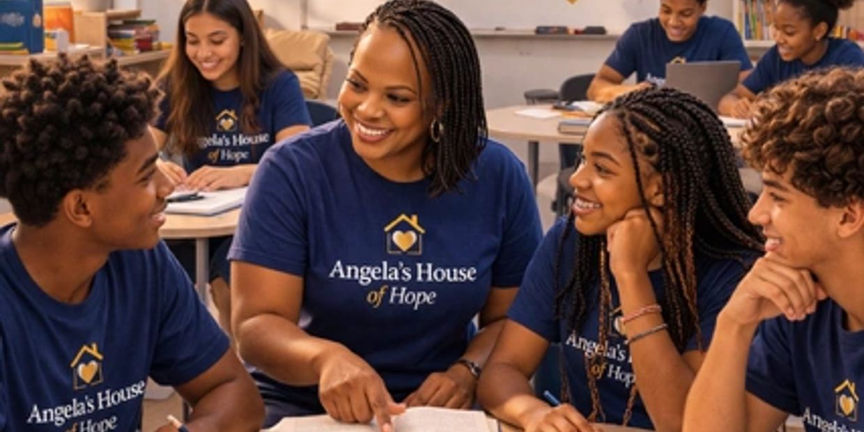 Group of smiling students and teacher wearing Angela's House of Hope shirts in a classroom.