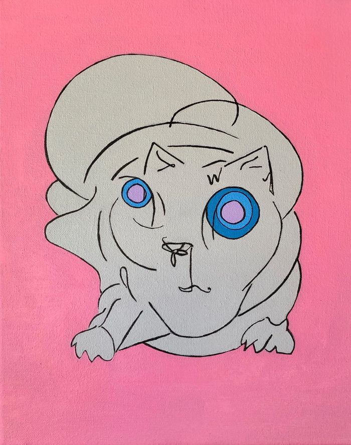 Pintura de gatito gris sobre fondo rosa