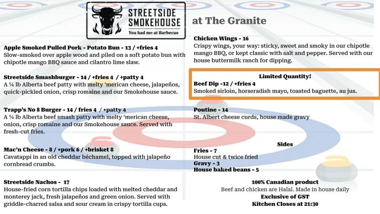 Menu from Streetside Smokehouse offering smoked pork, burgers, mac’n cheese, nachos, wings, poutine, and sides.