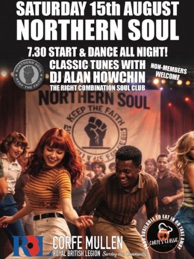 Poster for Northern Soul dance event with DJ Alan Howchin on August 15th.