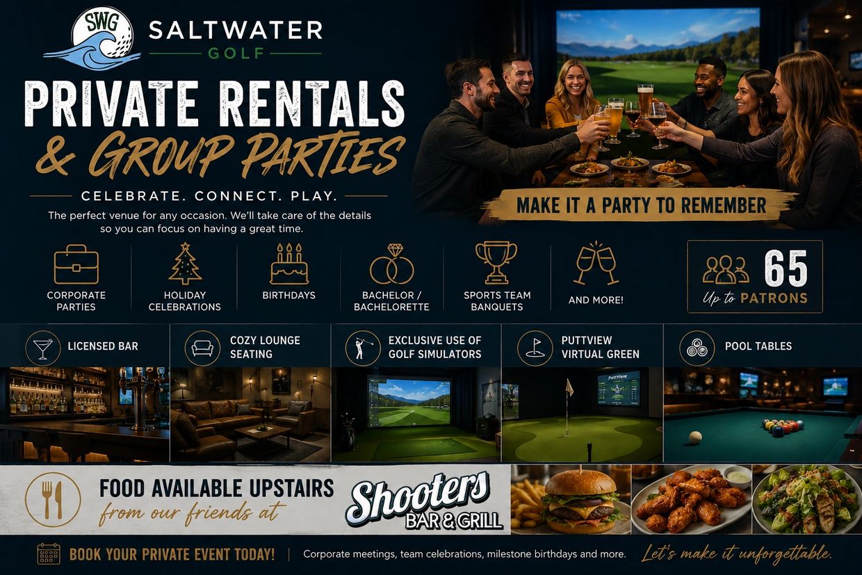 Saltwater Golf offers private rentals and group parties with golf simulators and more.