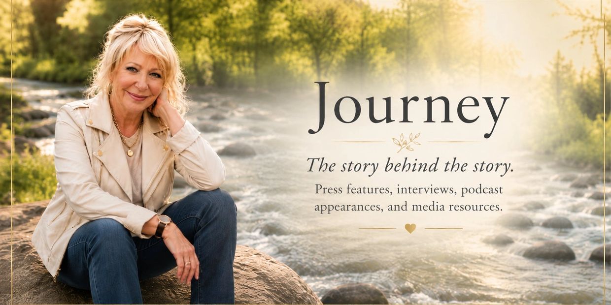 Smiling woman sitting by a river with inspirational text about a journey and story.