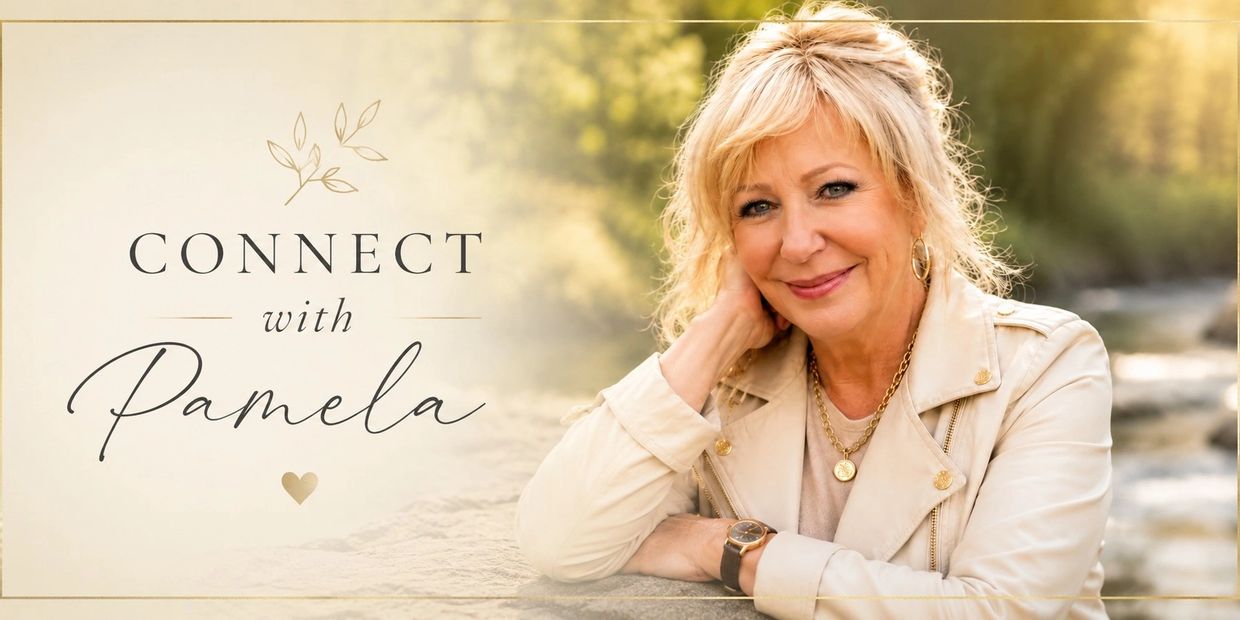 Smiling woman in beige jacket with text 'Connect with Pamela' in warm outdoor setting.