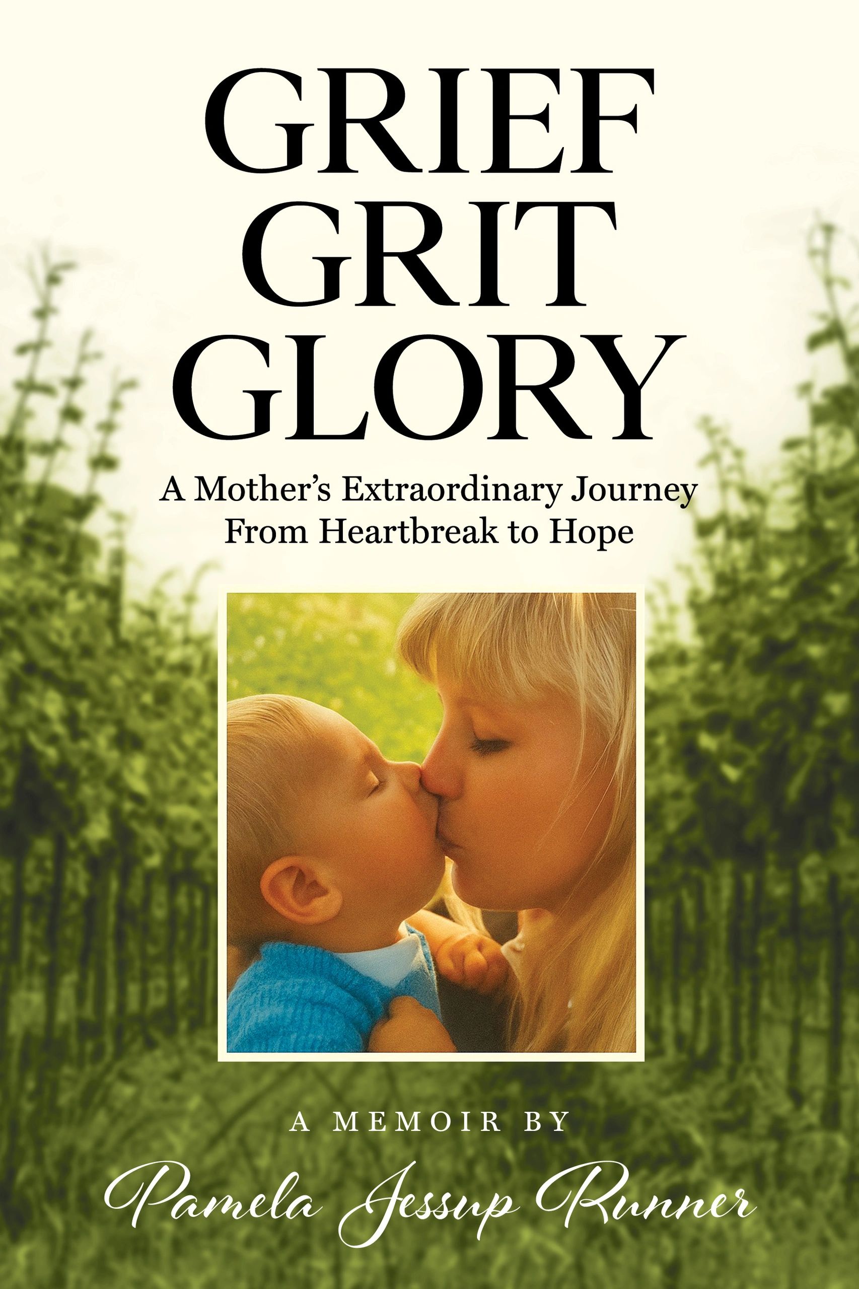Book cover showing a mother kissing her baby, titled 'Grief Grit Glory.'