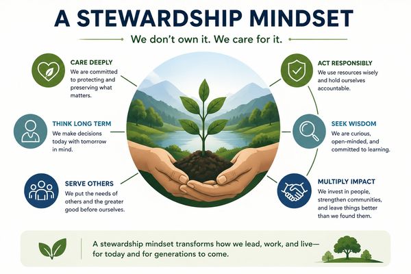 Infographic illustrating the stewardship mindset with key principles for responsible care and impact.