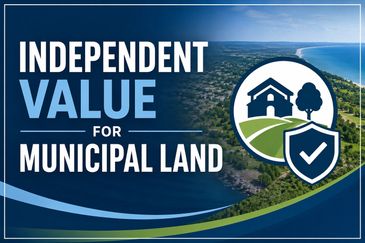 Graphic promoting independent valuation of municipal land with icons of a house, tree, and shield.