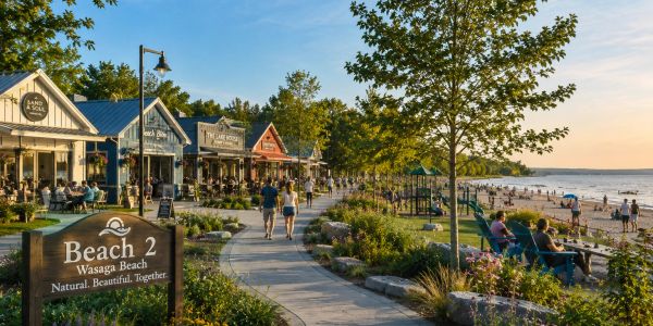 People enjoy a sunny day at Wasaga Beach with shops and a sandy shore.