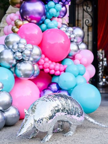 disco armadillo with balloons at a party