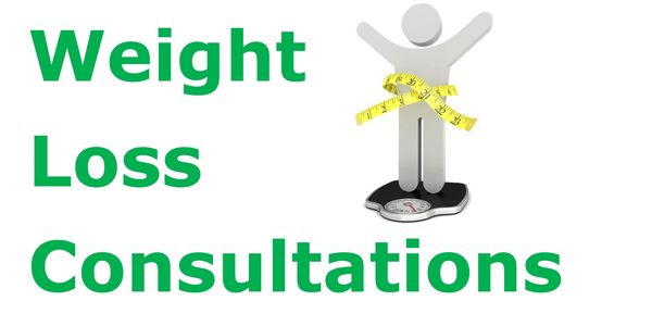 Weight loss consultations with a figure on a scale and measuring tape.
