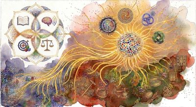 Un sole astratto con raggi sinuosi e cerchi simbolici in un dipinto ad acquerello colorato e intricato.