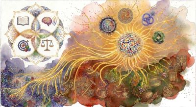 Artistic illustration combining symbols of knowledge, justice, and cosmic elements.