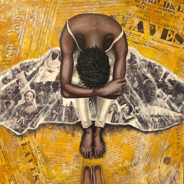 A person curled up in a dress with historical images and text about slavery.