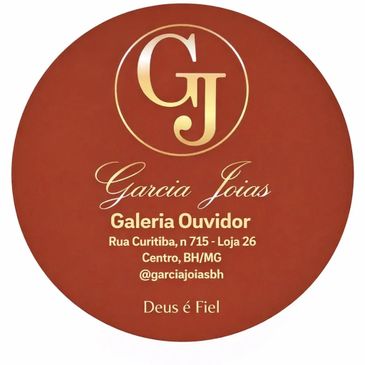 Logo of Garcia Joias on a circular brown background with contact details.