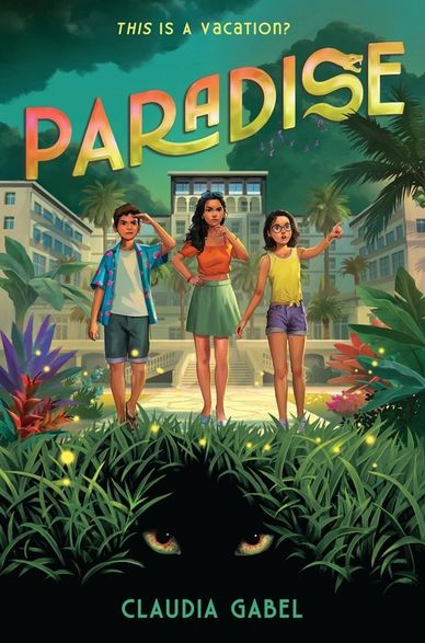 Three kids in tropical setting with mysterious eyes in shadows, titled Paradise.