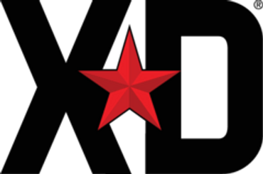 A red five-pointed star centered on a black background with faint letters.
