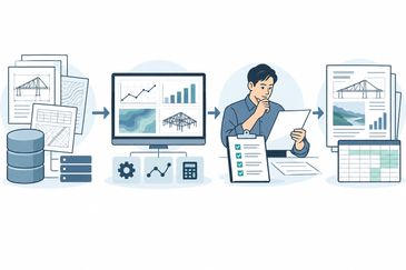 工作流程概念示意：資料、分析、人工審閱與交付 