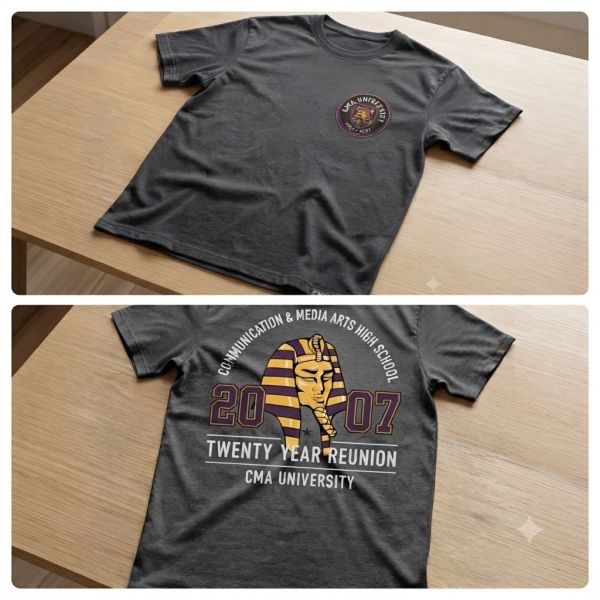 Gray reunion T-shirt with school and pharaoh design.