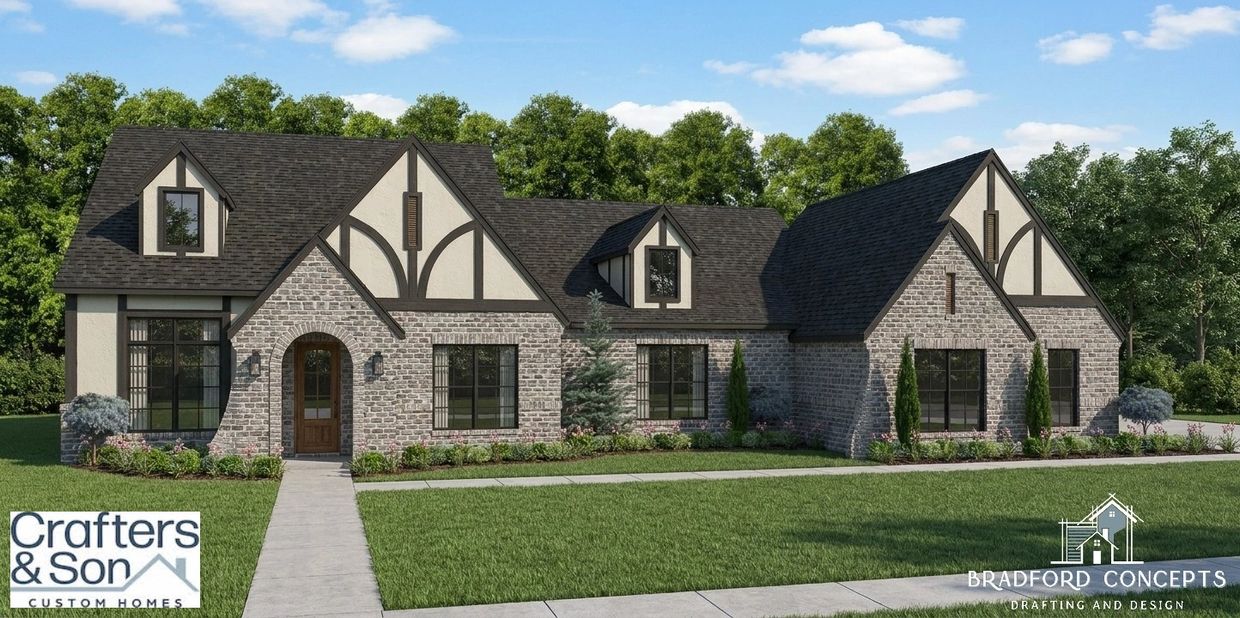 Modern Tudor-style house with brick and stucco exterior and dark roof.