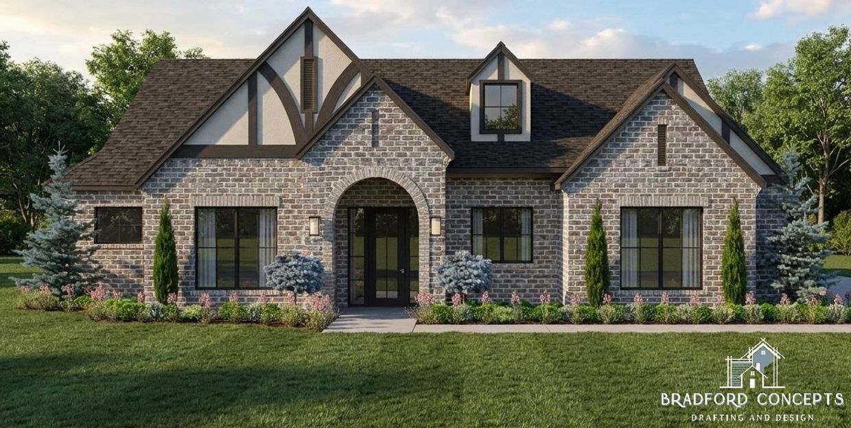 Brick house with arched entrance and landscaped garden.