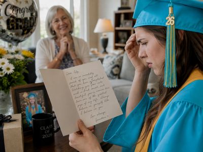 A graduate reads a heartfelt letter while an older woman smiles in the background.