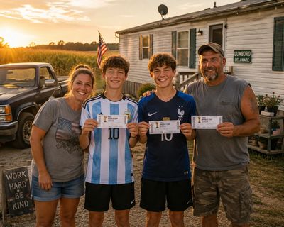 A happy family of four shows their fishing licenses at sunset on a rural farm.