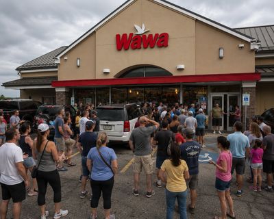Crowd gathered outside a Wawa store.