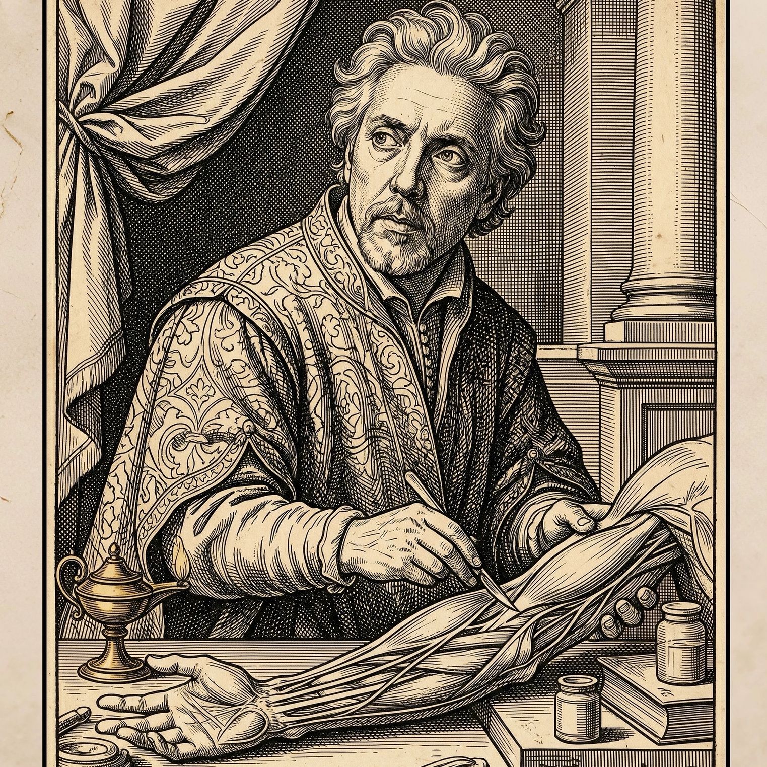 Vintage illustration of a scholar dissecting a human arm.