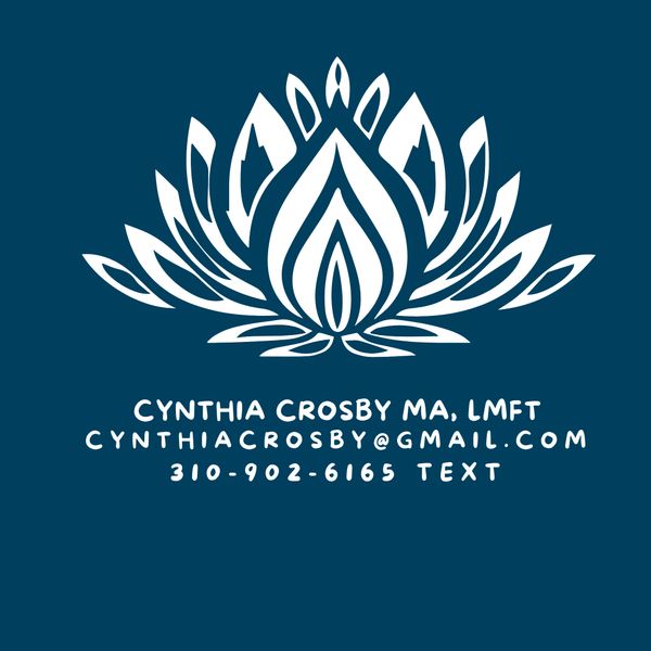 White lotus logo with Cynthia Crosby's contact info on a dark blue background.