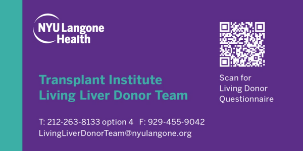 NYU Langone Health Living Liver Donor Team contact information and QR code.