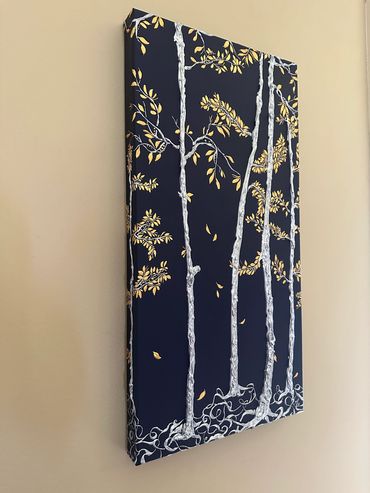 Canvas painting of white tree trunks with yellow leaves on a dark background.
