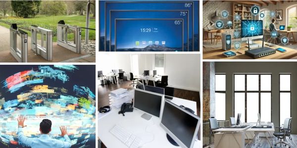 Collage of modern security, smart tech, and office environments.