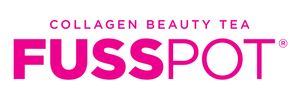 Logo for FUSSPOT collagen beauty tea in bright pink text.