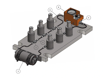 3D CAD model of a multi-cylinder mechanical assembly with labeled components.