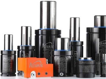 Various black industrial hydraulic cylinders of different sizes.