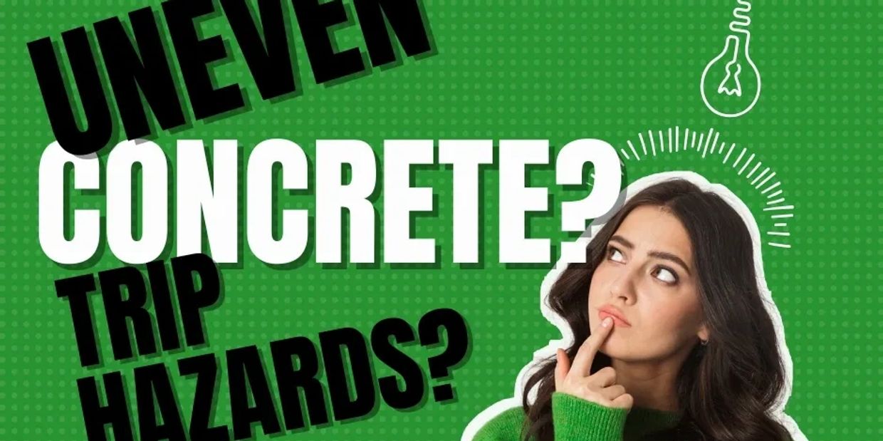 Woman in green sweater ponders uneven concrete trip hazards with contact info.