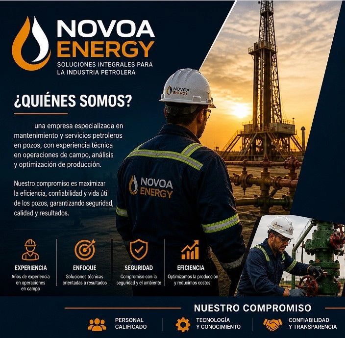 Trabajador de Novoa Energy frente a una torre petrolera al atardecer, mostrando compromiso y experiencia.