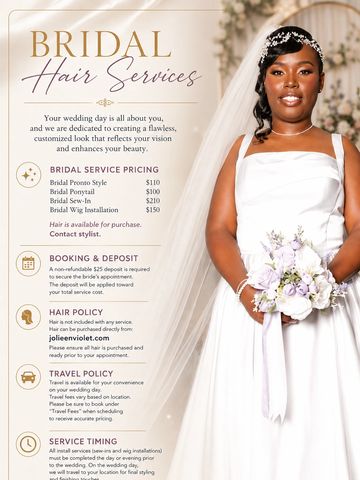 Elegant bridal hair service advertisement featuring a bride holding a bouquet.