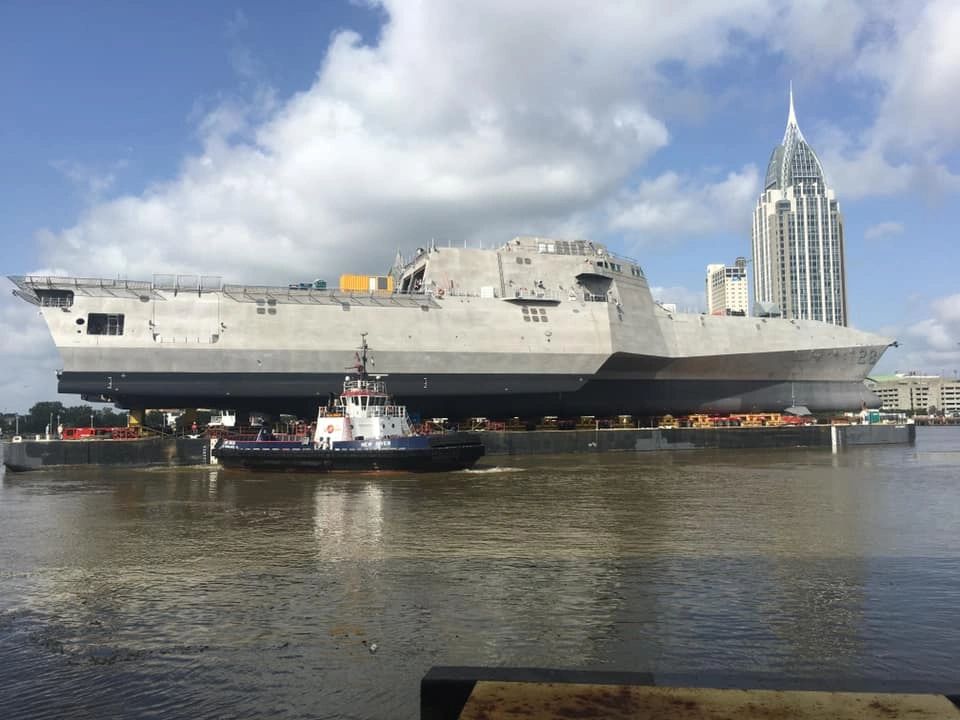 The future Savannah (LCS-28) is floated down the Mobile River on Sept. 2, 2020, just days after it was christened at the Austal USA shipyard. Austal USA photo.