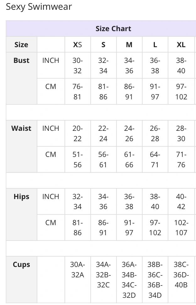 Intimates Size Chart