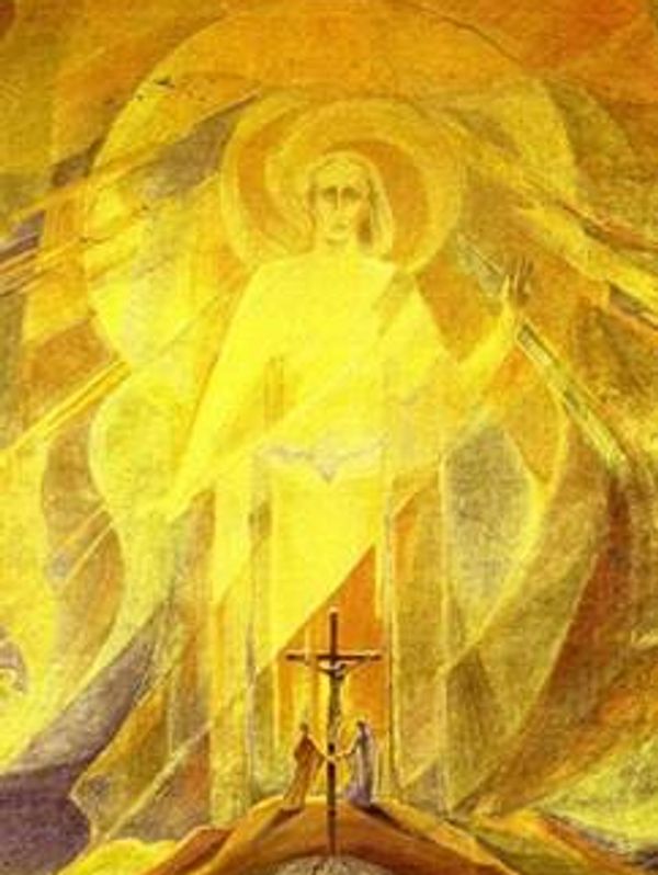 A radiant figure surrounded by light and a crucifix held by two people.