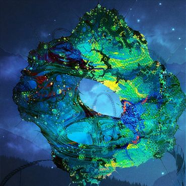 Vibrant, abstract fractal art with glowing blues and greens.