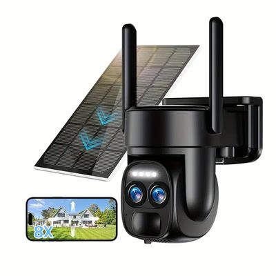 Solar-powered outdoor security camera with dual antennas and 8X zoom.