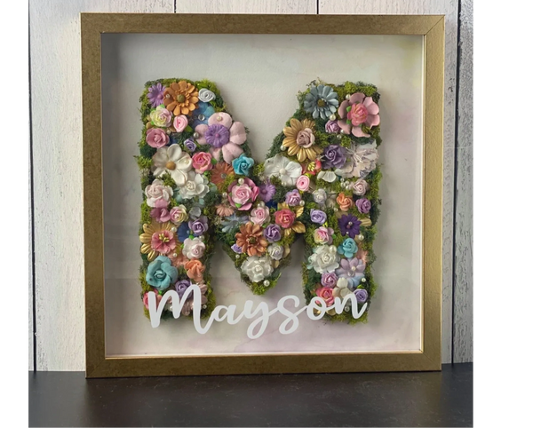 pastel flower letter M sign with gold frame