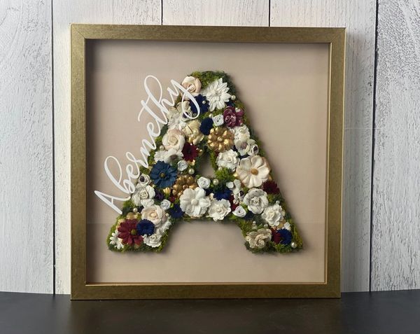 Floral letter A in Gold shadowbox frame