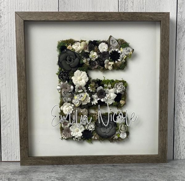 Black and white floral letter E nursery decor