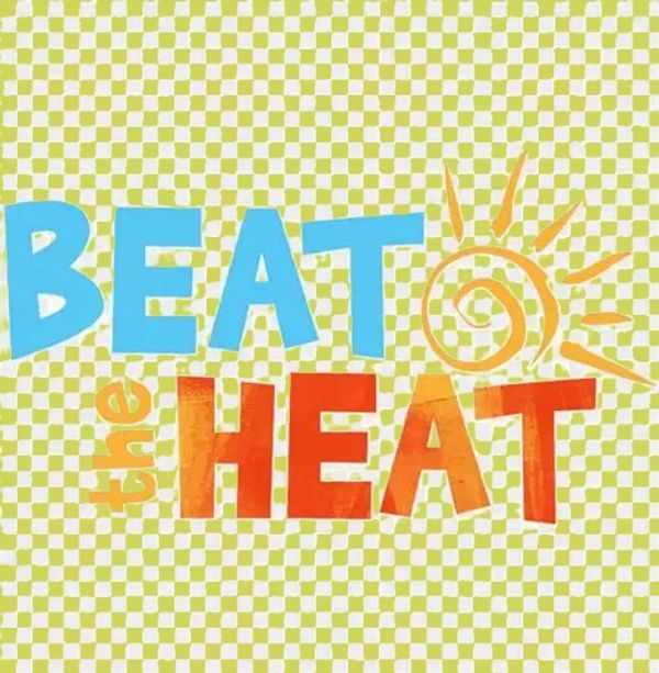 Colorful text saying 'Beat the Heat' with a sun illustration on a checkered background.