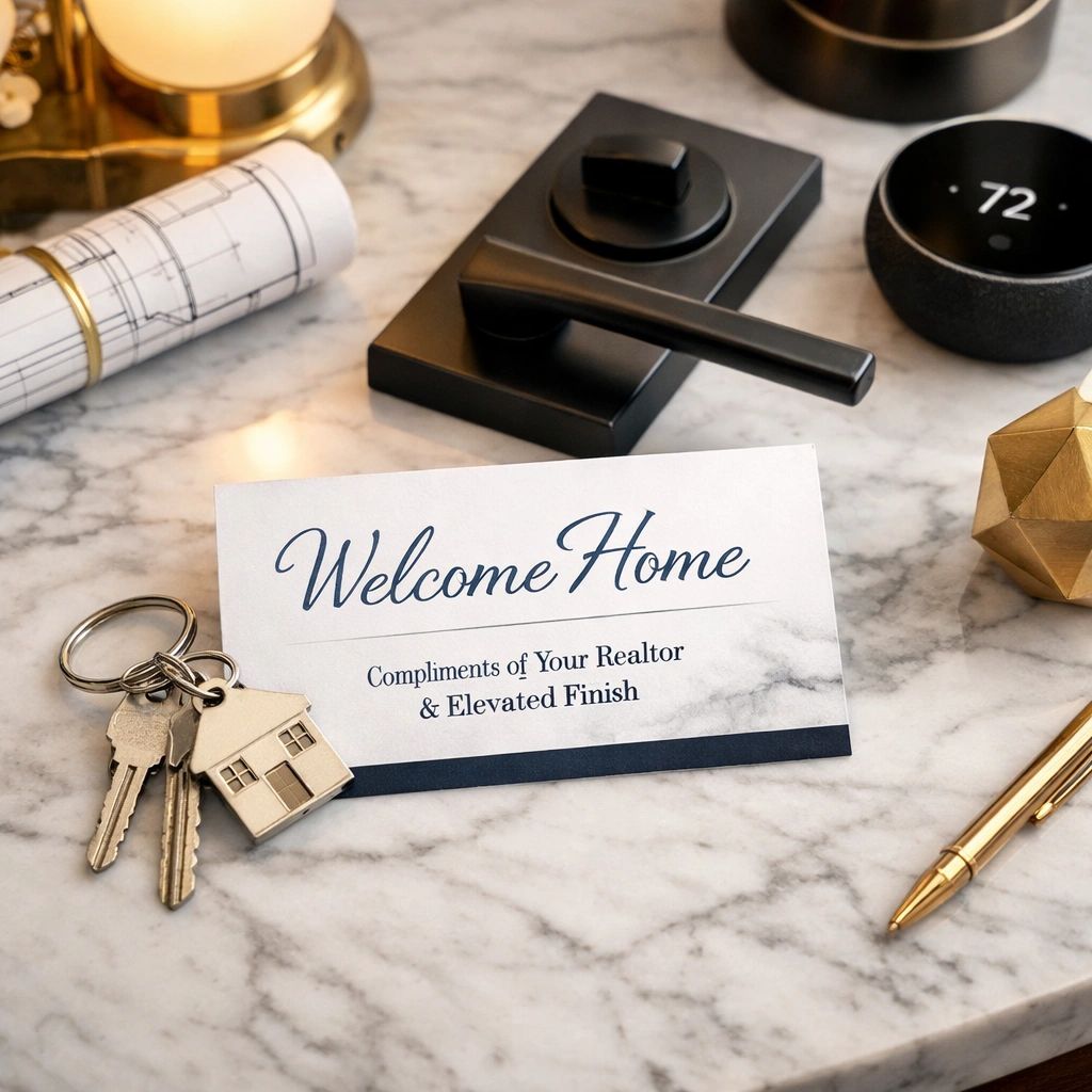 Keys, a welcome card, and home fixtures on a marble surface.