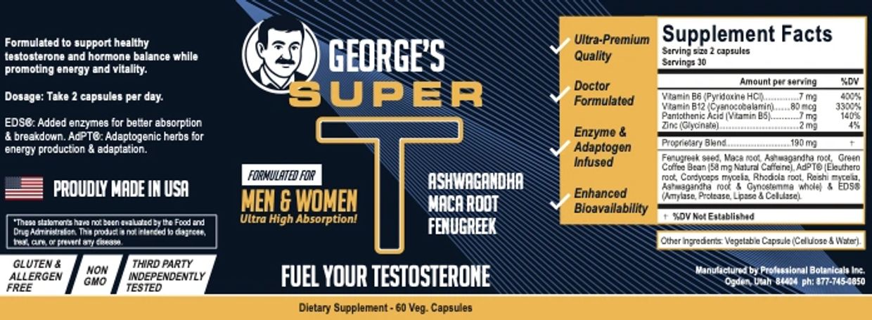 Label of George's Super T testosterone supplement for men and women with adaptogenic herbs.
