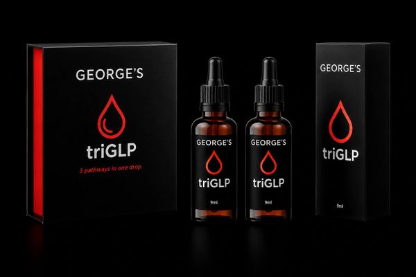 George's triGLP supplement bottles and packaging with a red droplet logo.