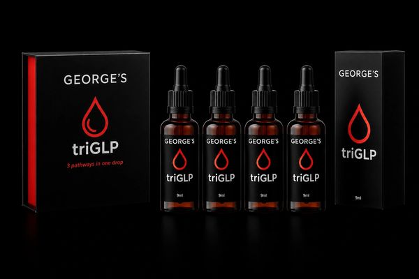George's triGLP supplement bottles and packaging displayed on black background.